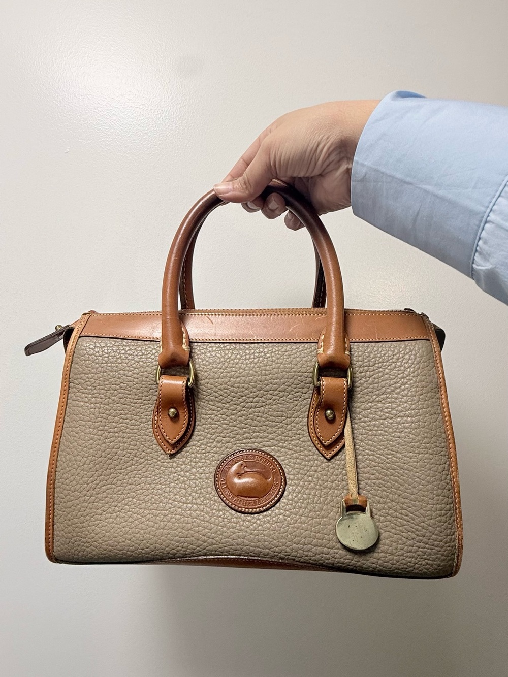 Vintage Dooney & Bourke Taupe Pebbled Leather Satchel with Tan Trim